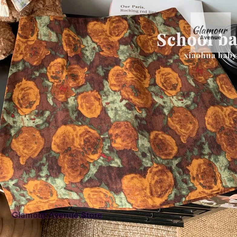 American retro oil painting print age-reducing skirt women's spring and autumn new zipper fashion high waist slim bag hip skirt