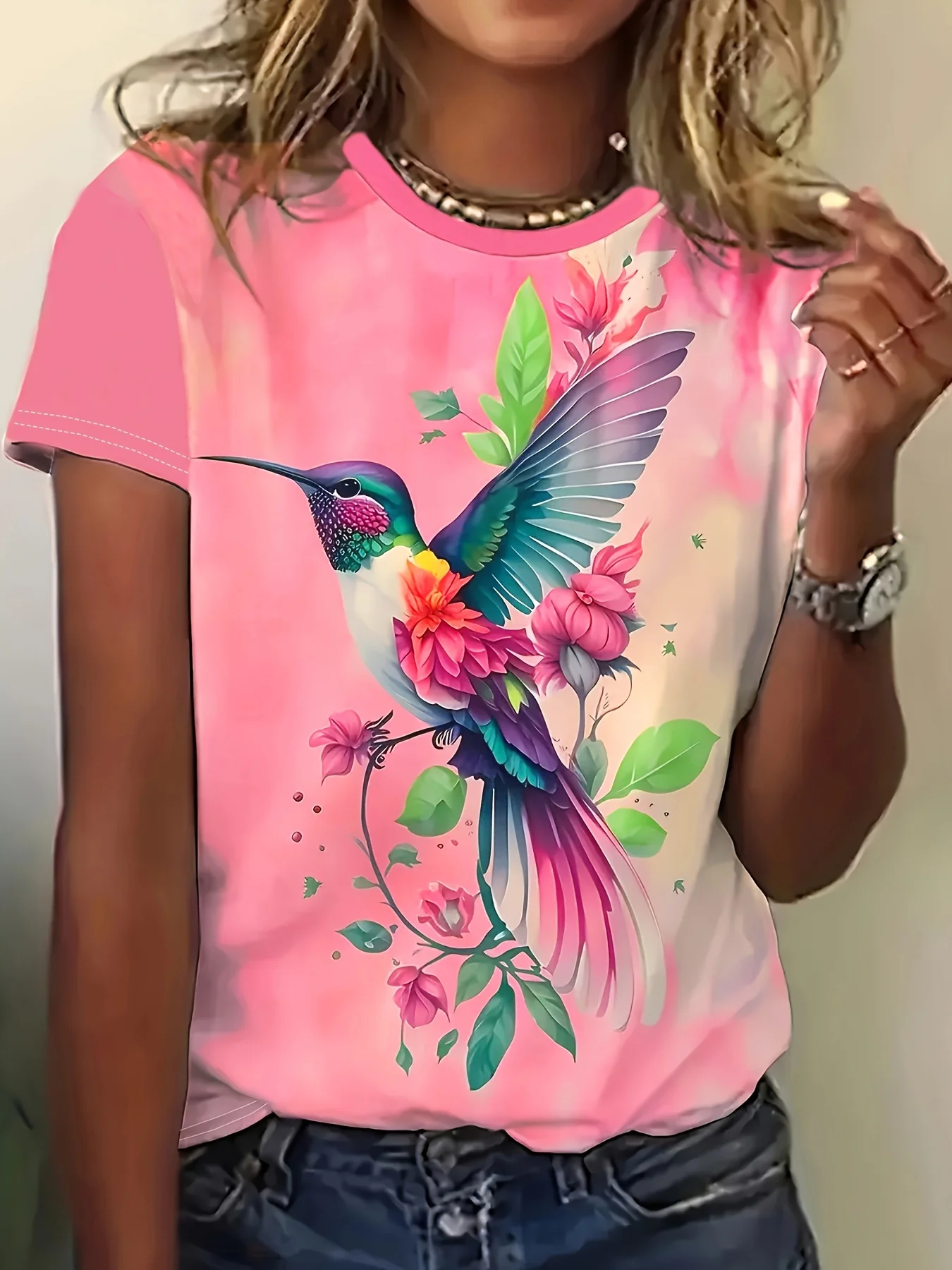 2026 Summer Fashion Rainbow Magpie T-shirt Shaped Adult 3D Retro T-shirt Round Neck Children's Vacation Beach T-shirt Large