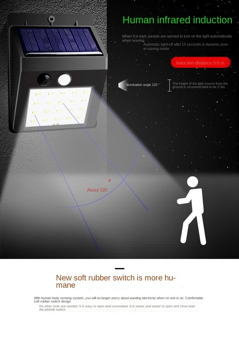 20LEDS Solar Light Outdoor Solar Lamp 3Modes Motion Sensor Solar Lights Waterproof Sunlight Solar Power for Garden Decoration