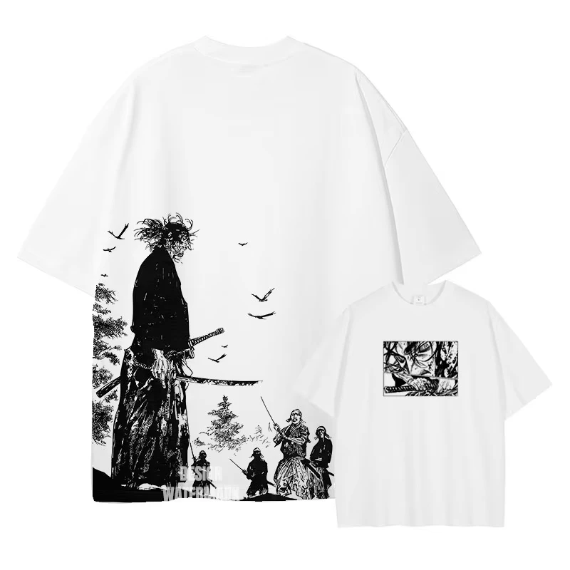 Vagabond T Shirts Manga Vintage Washed Miyamoto Musashi T-shirt Oversized Retro Unisex Breathable Couples Streetwear Cotton soft