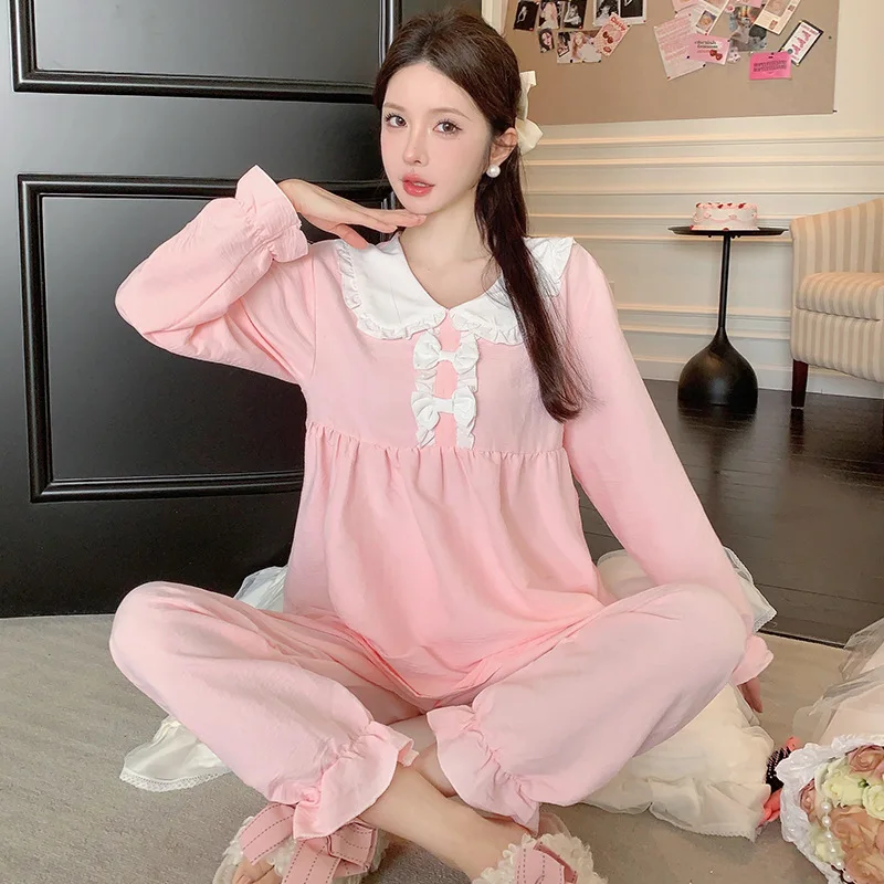 Autumn Women's Suit Bowknot Princess Sleepwear Girl Sweet Top Trousers Sets Winter Pajamas Set Long Sleeve Pijama Feminino