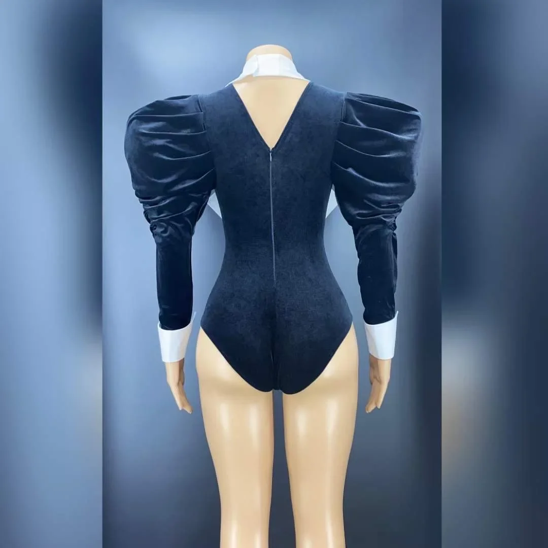 Black Velvet Fashion Sexy Deep V-Neck Asymmetrical Puff Sleeve Women All Set Dress Show Stage Catwalk Costume Evening Party