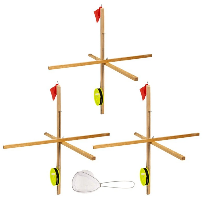 

Ice Fishing Rod Tip Up And Spoon Net, Folding Wooden Fishing Platform,Fishing Rod Flag Portable Fishing Tools Easy To Use