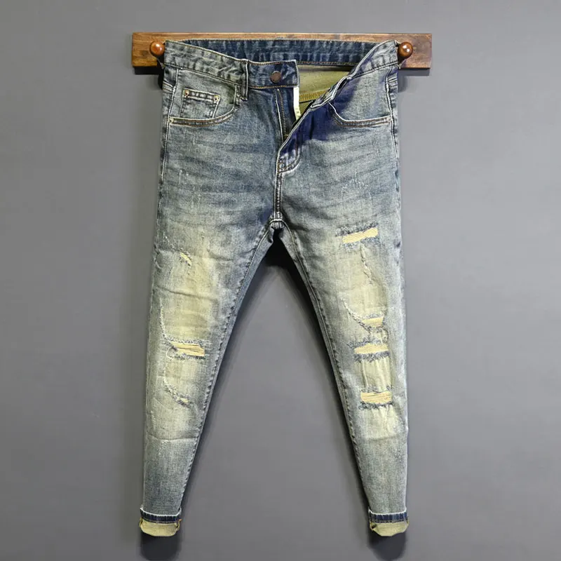 

Fashion Designer Men Jeans Retro Washed Blue Stretch Skinny Fit Hole Patched Ripped Jeans Men Street Vintage Denim Pants Hombre