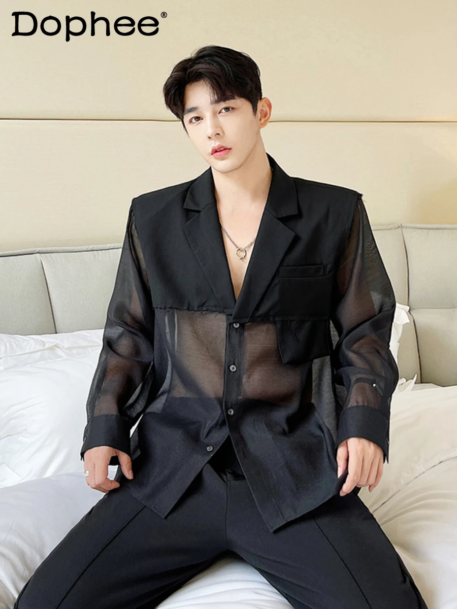 2024 Summer Thin Semi-Transparent Long Sleeve Suit Jackets Men's Fashion Loose Handsome Sun Protection Clothes Trendy Male Coats