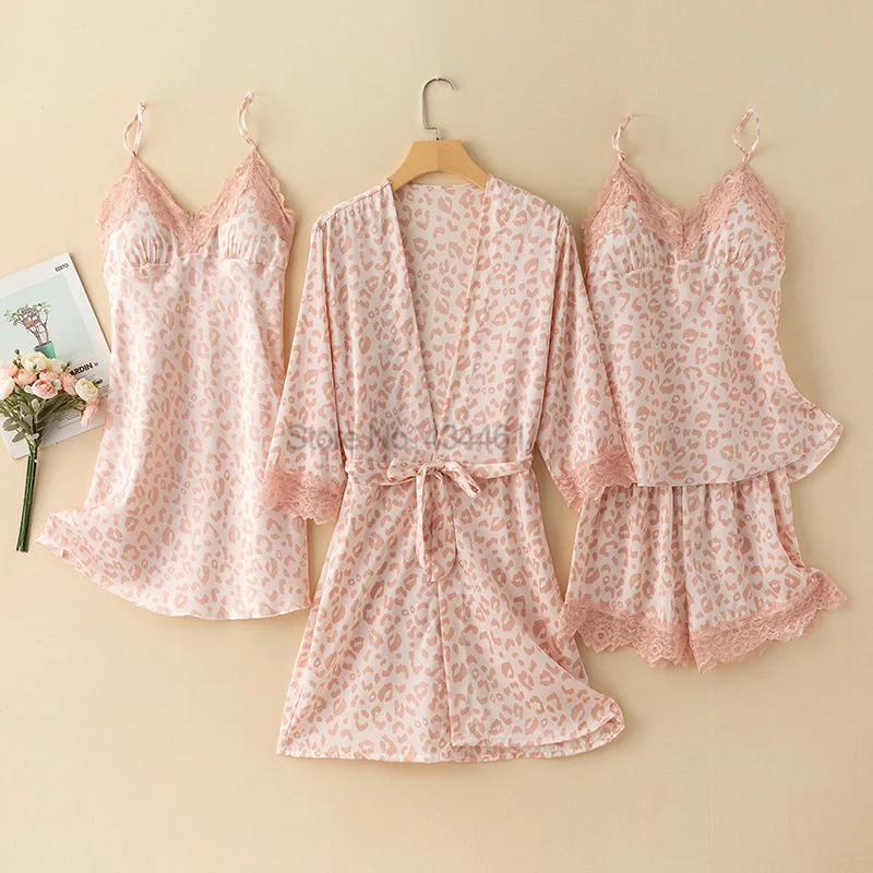 Satin Nightgown Print Leopard Sleep Set Women Outfits Lace Patchwork Pajamas With Shorts Summer Loungewear Sexy Sleepwear