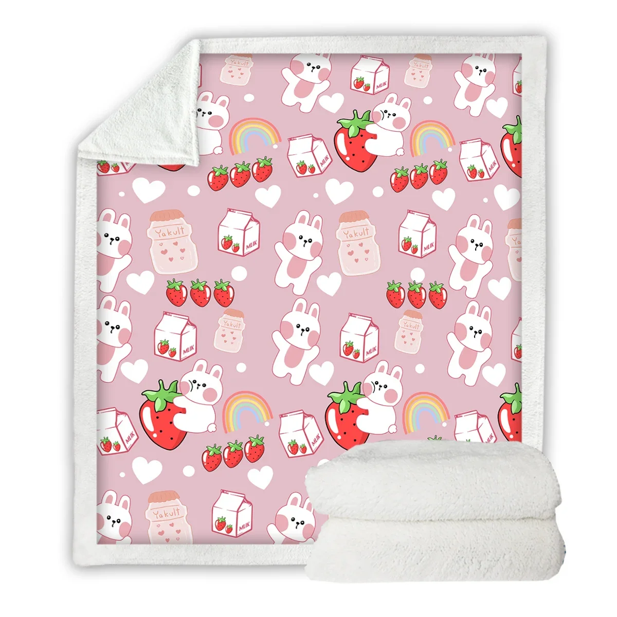 

3D Printed Blanket The Rabbit with The Strawberry Throw Blanket Milk Bottle and Rainbow Love Heart Soft Breathable Blanket