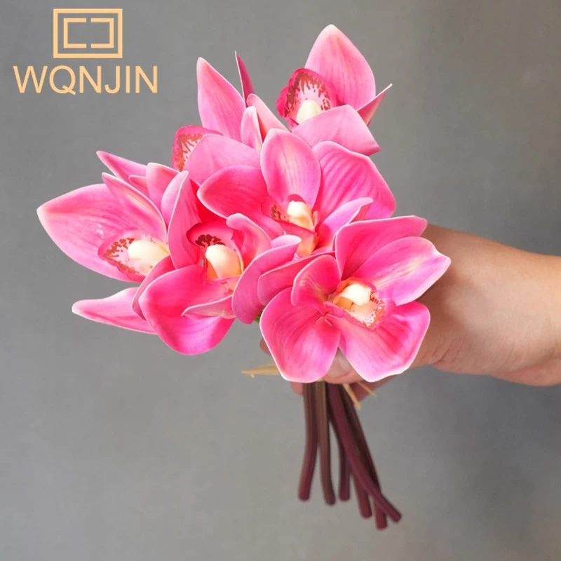 NEW 6 Heads Cymbidium Artificial Silk Flowers Feel Moisturizing Bundle Butterfly Orchid Flower Wedding Bouquet Home Living Room