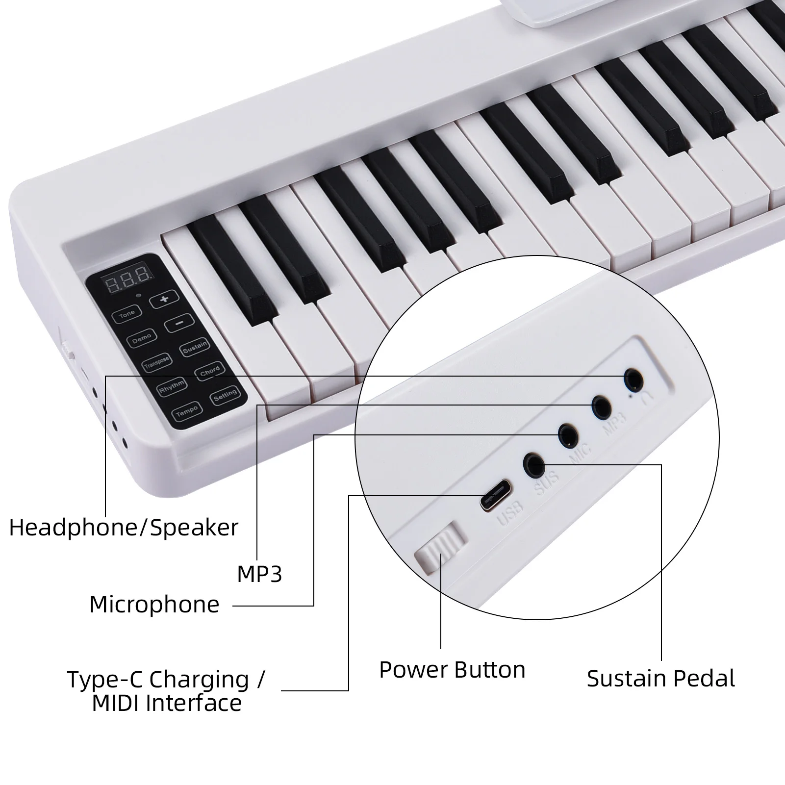 61-Key Foldable Electronic Piano Multifunctional Electronic Piano Keyboard with LED Display Built-in Rechargeable Battery