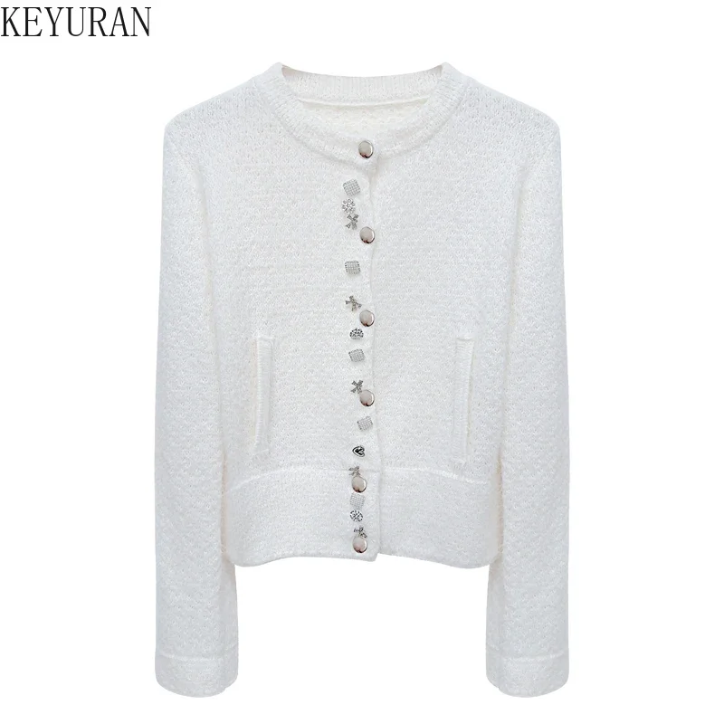 Luxury Diamonds Mohair Sweater Jacket Women\'s Tops Autumn Winter New Korean Style Gentle Temperament White Knitted Cardigan Coat