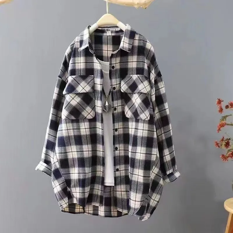 

Plaid Shirt Women's Spring and Autumn European Goods High-End Shirt Mid-Length Brushed Top Bandage Dress Cardigan Turn-down Coll