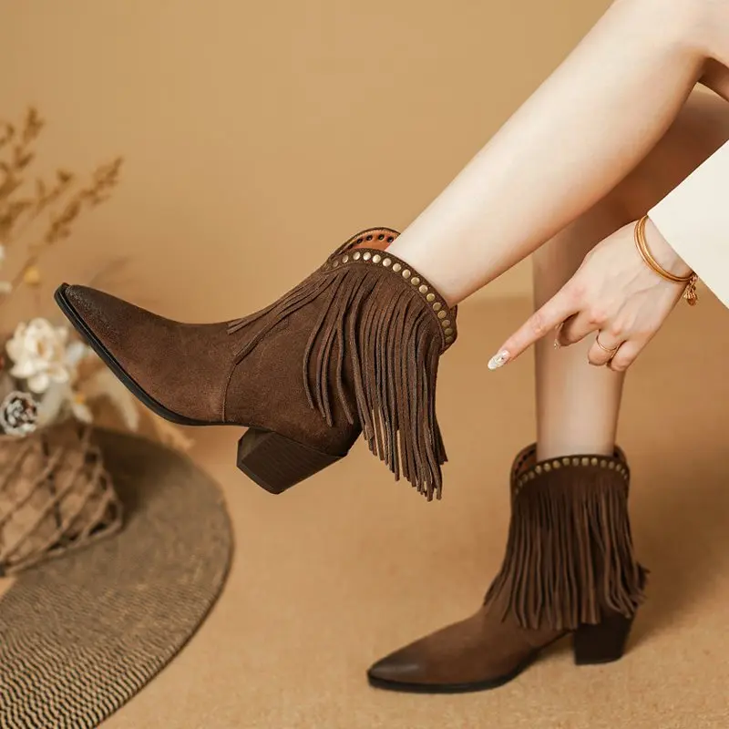 MORAZORA 2025 New Cow Suede Leather Cowboy Western Boots Women Pointed Toe Tassel Chunky High Heels Autumn Ankle Boots Female