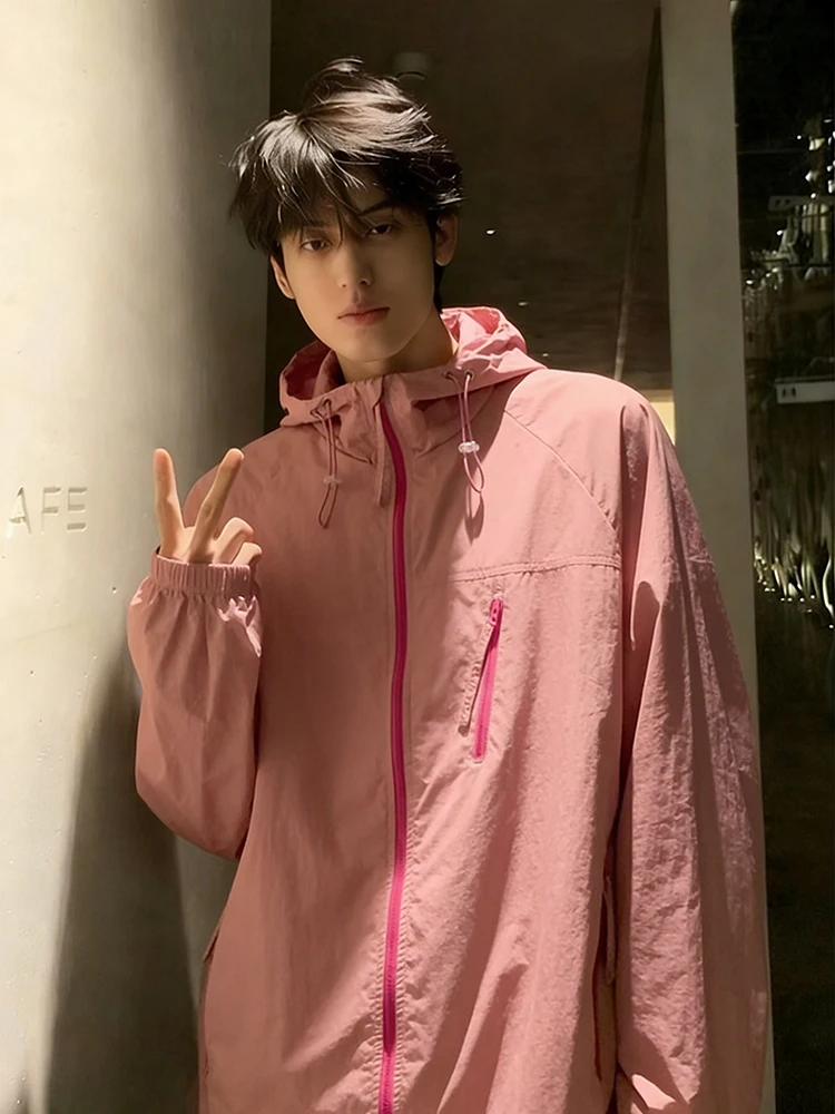

Pink Dopane Ice Silk Men's Summer Outdoor Jaet Lightweight Hooded Spor Coat Youth Faion Sun Protection Clothing