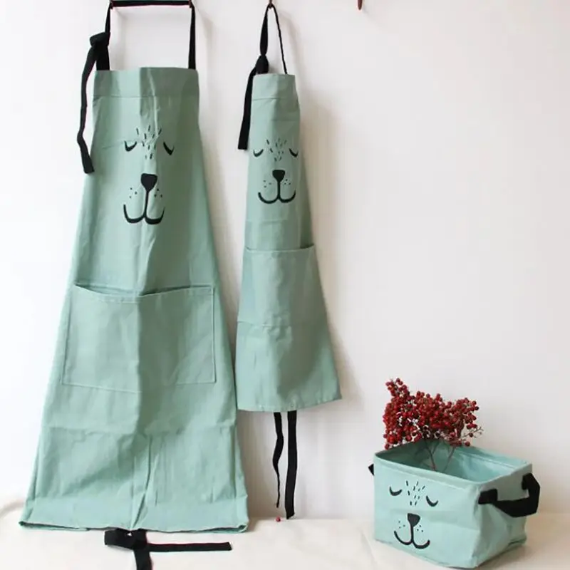 Cartoon Cotton Linen Bib Apron Solid Color Kitchen Cooking Apron with Pocket Clothes Gift for Adult Children Gardening Works