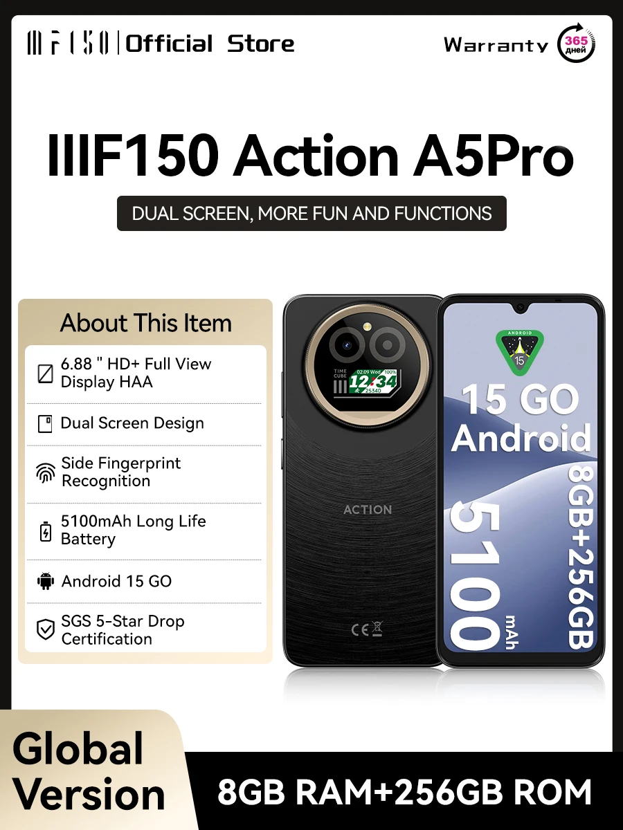 IIIF150 Action A5Pro teléfono móvil pantalla de ángulo completo de 6,88 pulgadas pantalla Dual de 0,96 pulgadas 256GB ROM 5100mAh batería Smartphone