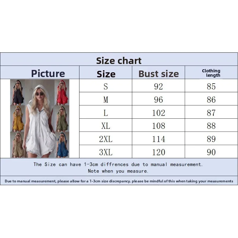 Women's New Vintage Hooded Zip Sleeveless Short Cotton Linen Blend Jumpsuit