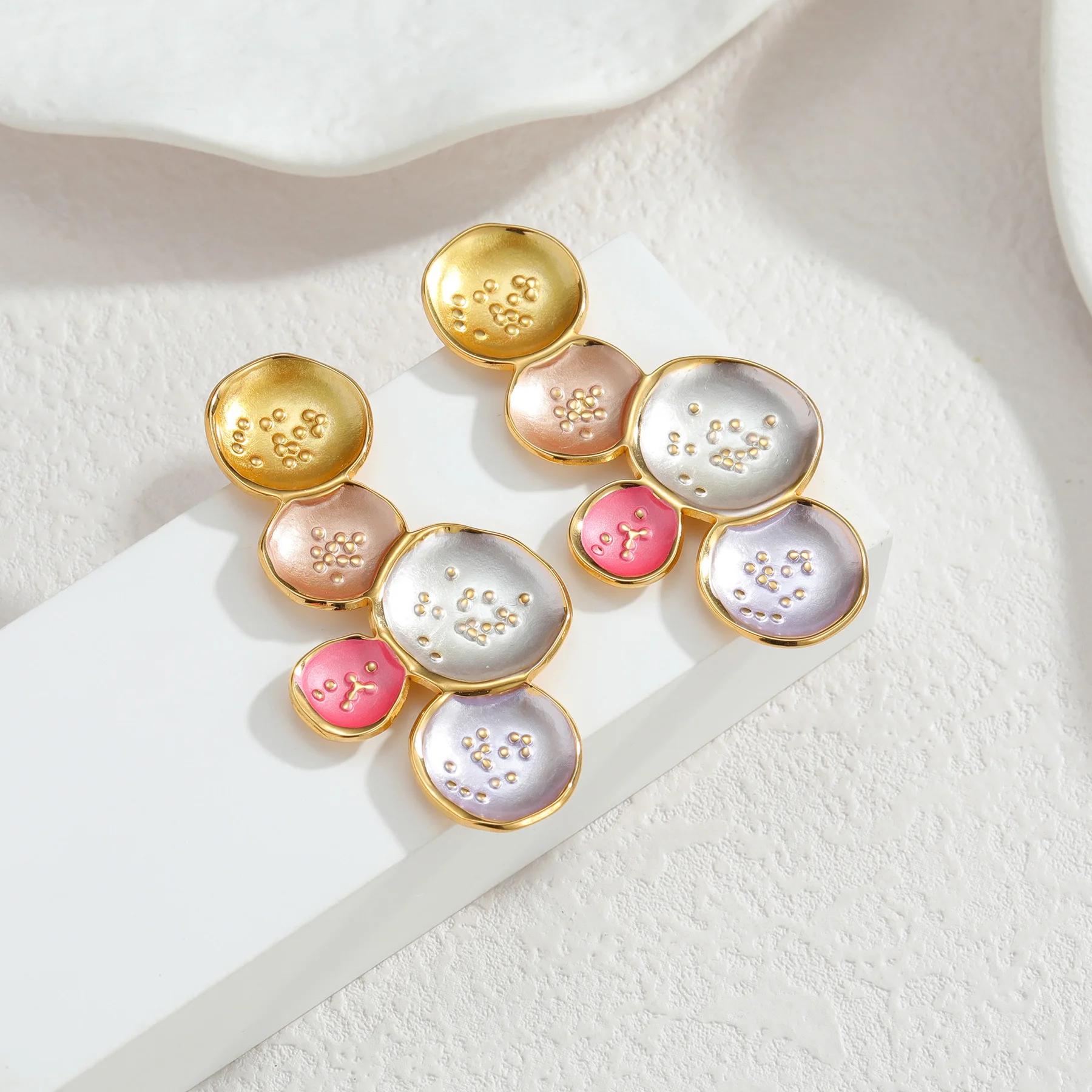 365 Colorful Gradient Enamel Disc Geometric  Irregular Concave Stainless Steel Gold Color Earrings for Women Party Jewelry