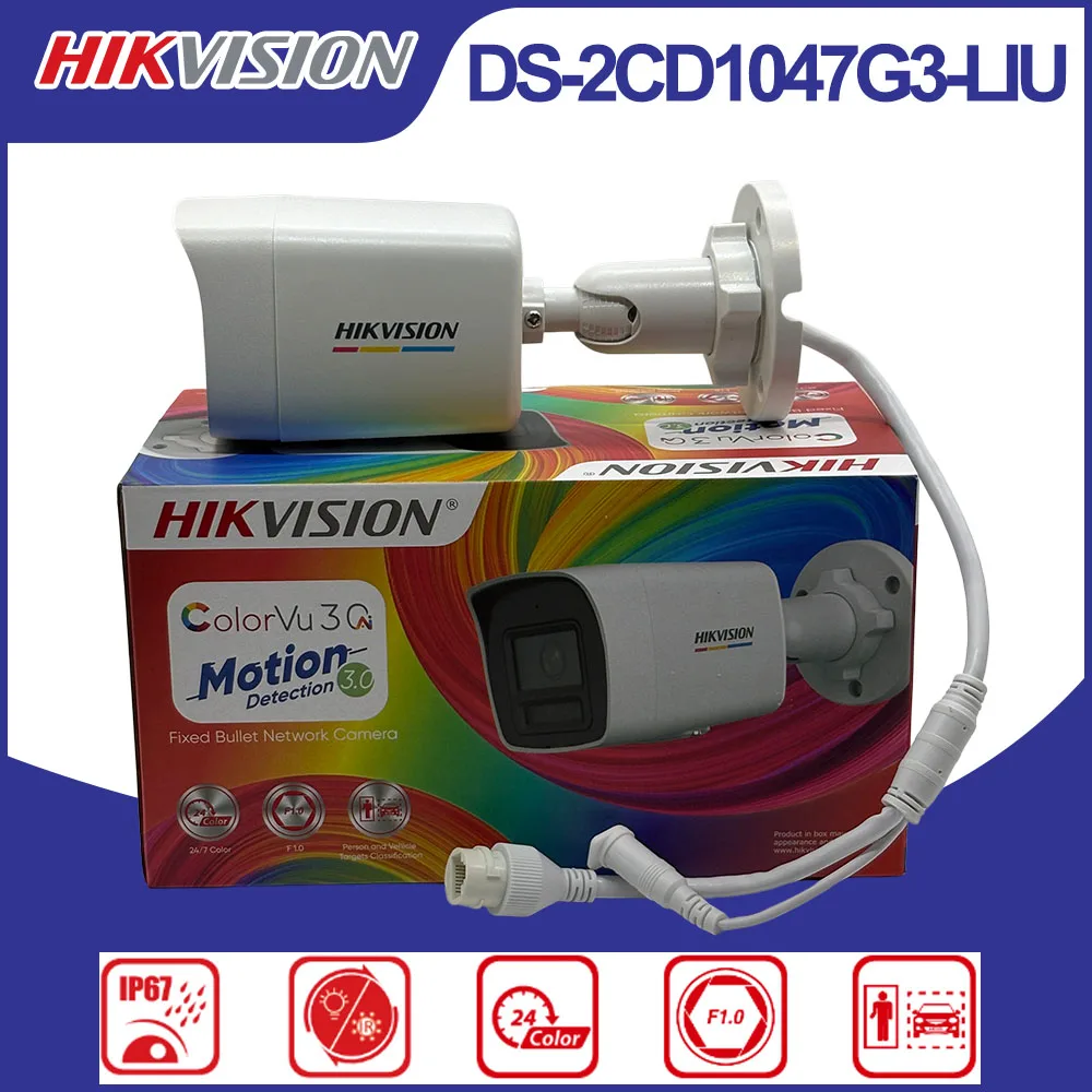 Hikvision DS‑2CD1047G3‑LIU 4MP ColorVu3.0 PoE IP Bullet Camera F1.0 Aperture Human Vehicle Detection Built‑in Mic IP67 Camera