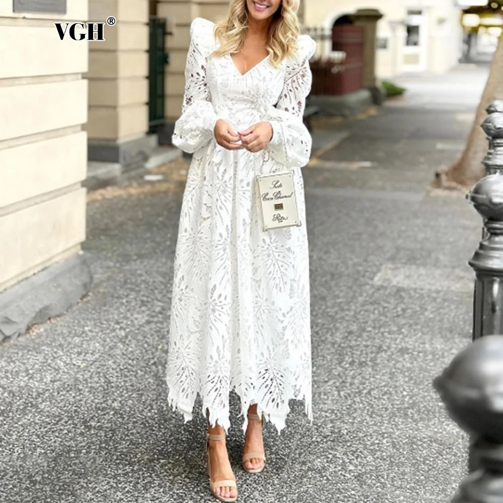 

VGH Hollow Out Embroidery Loose Dresses For Women V Neck Lantern Sleeve High Waist Temperament Slimming Long Dress Female Style