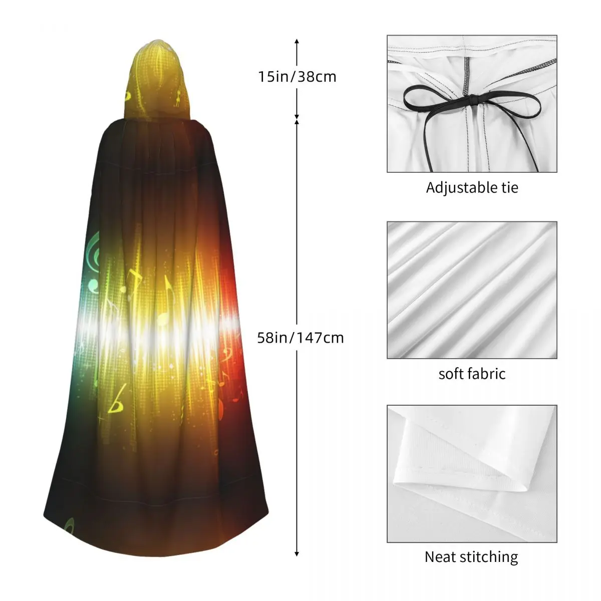 Note musicali luminose Mantello unisex per adulti con cappuccio Costume da strega lungo Cosplay Costumi cosplay di Natale per uomini adulti