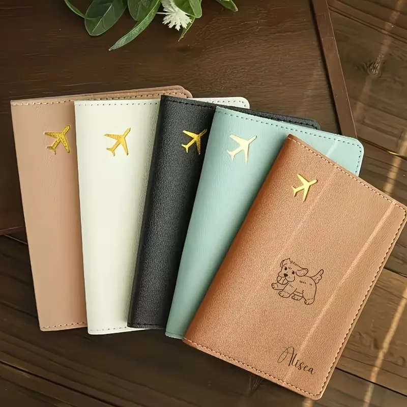 Custom Passport Cover with a Cute Dog Sticking Out Its Tongue Design, Passport Tags, a Easy Airplane And Dog Design,
