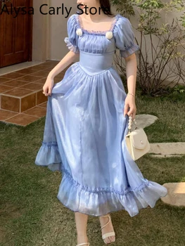 เจ้าหญิงสีฟ้าชุดวินเทจผู้หญิงElegant BowเกาหลีFairy MidiชุดFemmeเซ็กซี่Backless Lace-Up Courtชุดราตรี 2022