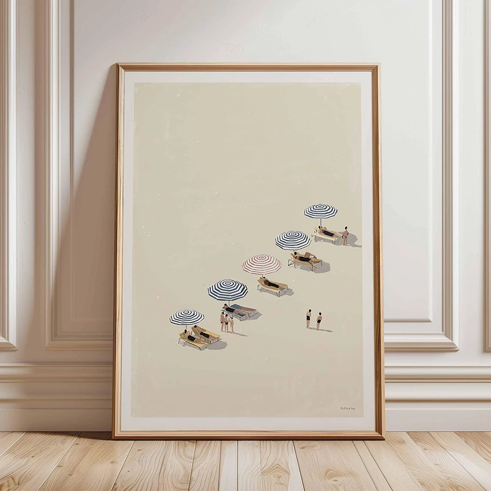Umbrella Holds the Breeze – Minimalist Coastal Summer Seaside Frameless Canvas Poster for Relaxing Ocean Beach Room Decor