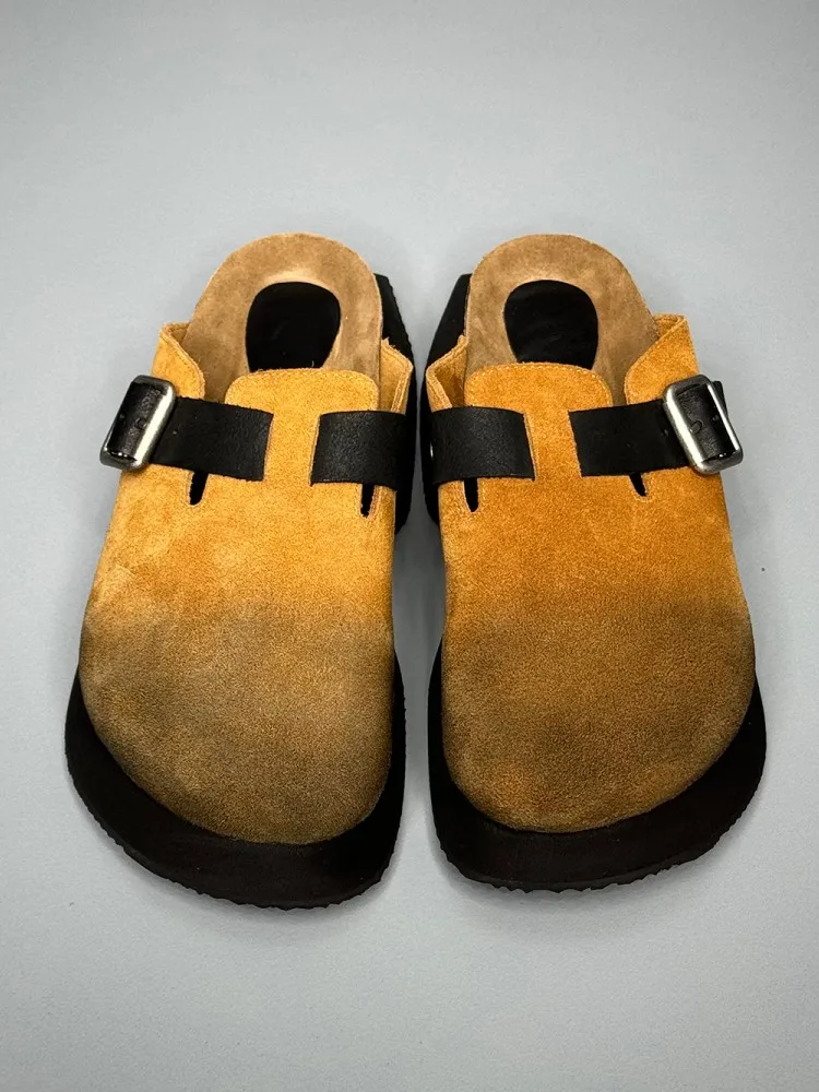 New Designer Mens Thick Platform Real Cow Suede Leather Slippers Casual Outside Close Toe Vintage Slides Buckle Slip On Loafers