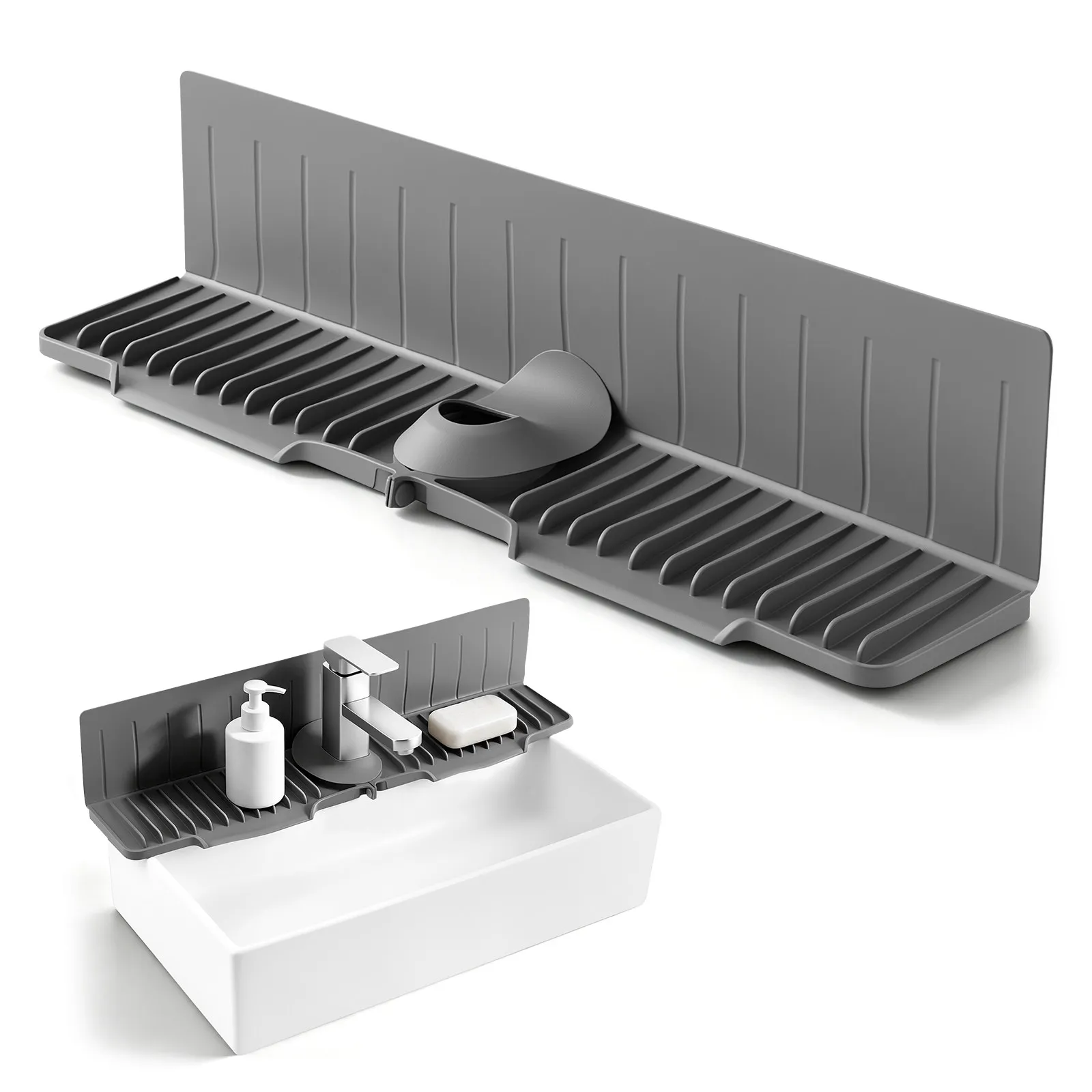Silicone Sink Faucet Pad 24x9 Inch Waterproof Splash Guard with Suction Cups for Farmhouse Kitchen Sloped Drain Design Non Slip