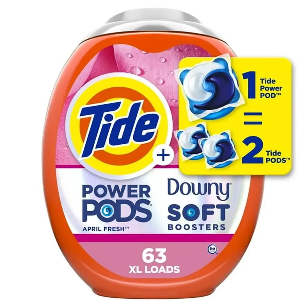 Powerful Tide Downy Laundry Detergent Pods 63 Count Pack Cleans Conditions Protects America's #1 Stain Fighter April Fresh Scent