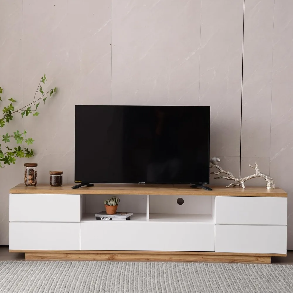 Modern Television Stand with 6 Cabinets & 2 Open Storage Space, Minimalist Wooden Entertainment Center for TVs Up to 80”, Sturdy
