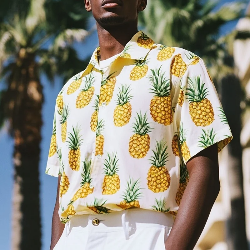 

Pineapple Lemon Orange Pattern Hawaiian Shirt For Men Fruit 3D Printed Short Sleeves Summer Loose Aloha Shirts Lapel Blouse Tops