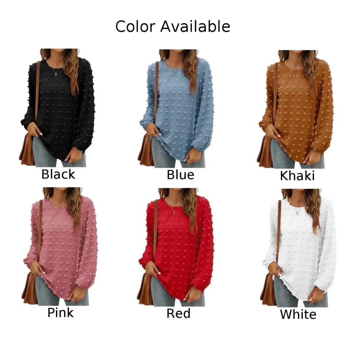 Women Chiffon Blouses Long Sleeve Crewneck Top Dressy Casual Loose Pompom Shirts