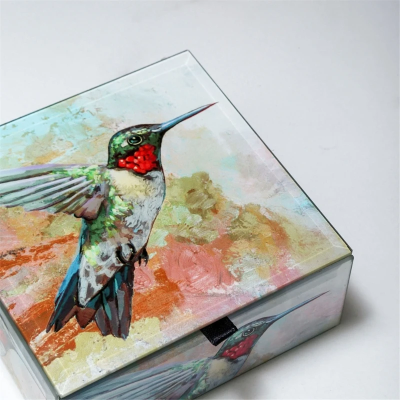 MXME Stylish Mirrored Jewelry Keeper Stylish Jewelry Display Case with Hummingbird Paintings for Home or Travel