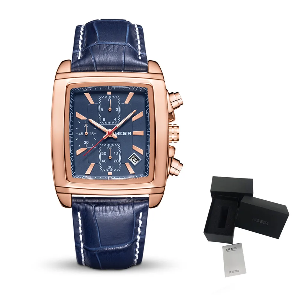 MEGIR Luxury Chronograph Square Man Watch Waterproof Luminous Date Men Watch Sports Leather Men's Watches Quartz Reloj Hombre
