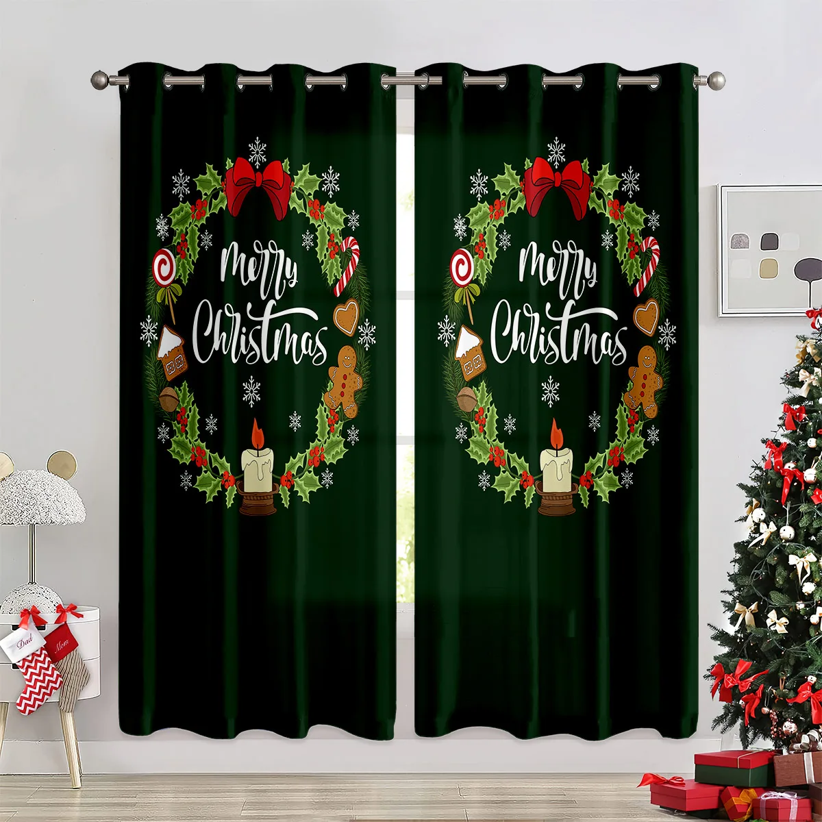 Christmas window curtains, curtains featuring floral letter prints, light-filtering curtains for children's rooms, holiday gifts