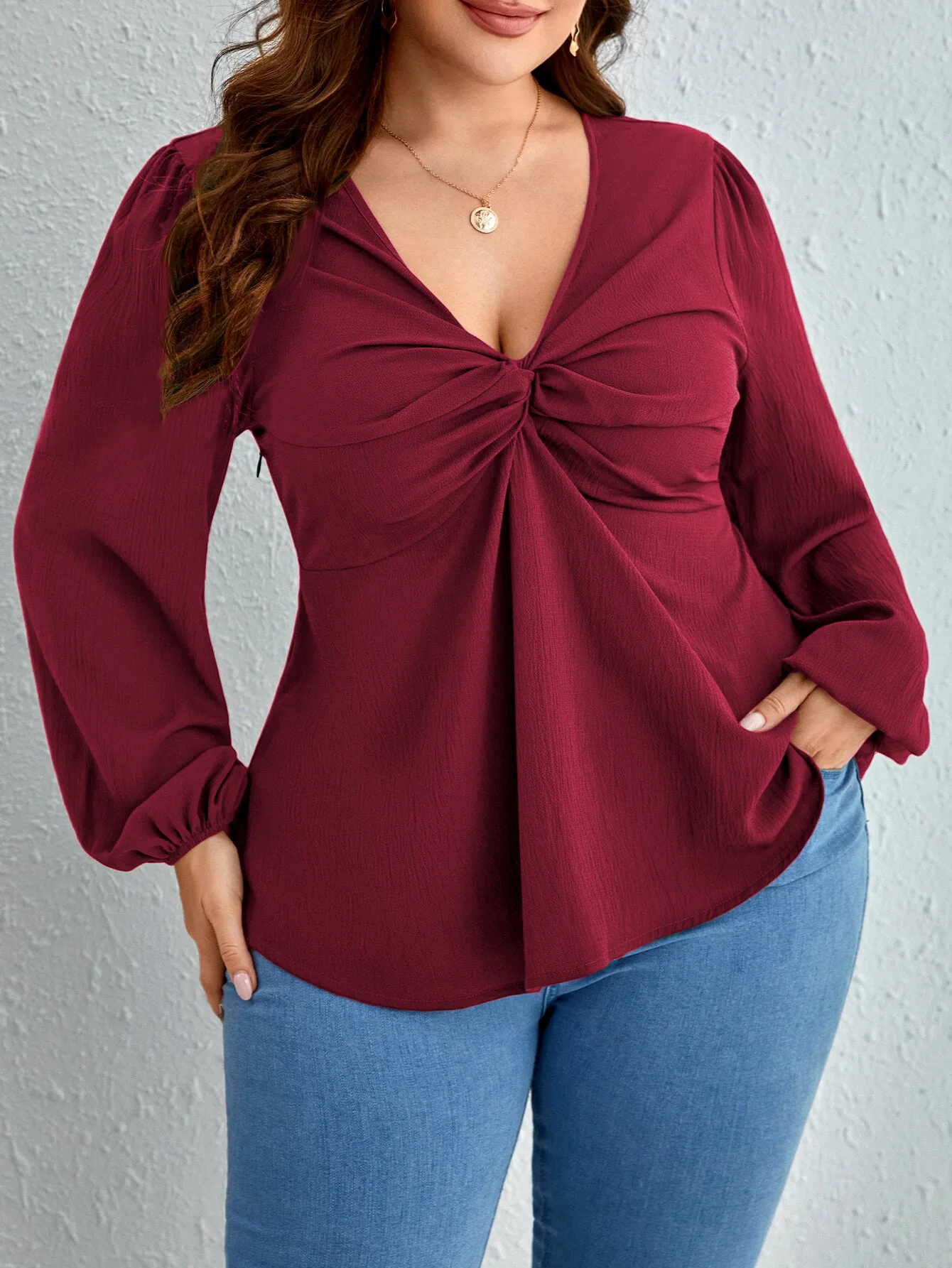 

2026 Women's V Neck Twist Front Lantern Sleeve Blouse Plus Size Casual Peplum Top Spring Summer Fashion Shirt