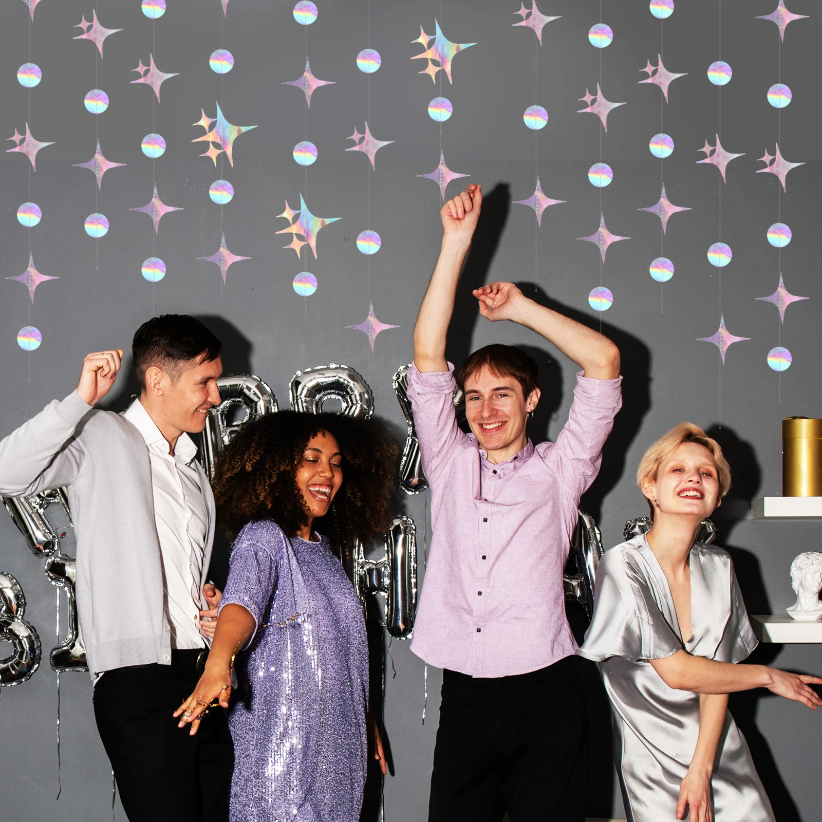 

4Pcs Iridescent Streamer Garland Star Circle Dot Party Hanging Decor Birthday Wedding New Year 3M Birthday Star Garland