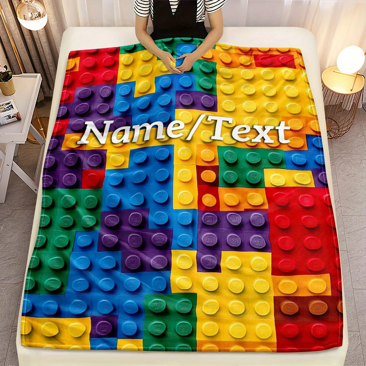Anpassbare Flanelldecke im Baustein-Puzzle-Design, weich, warm, leicht, Digitaldruck, Fantasy-Thema