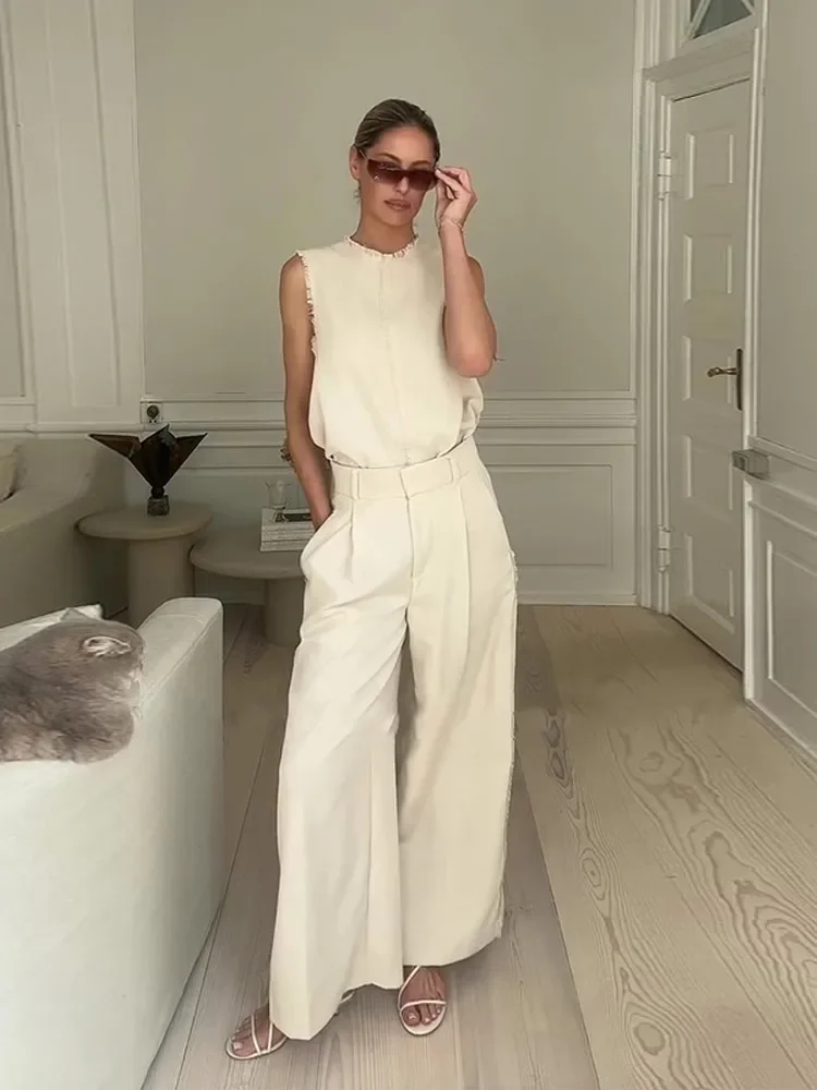 

Casual Tassel Pants Set Women Fashion Round Neck Sleeveless Pullover High Waist Straight Long Trousers Summer Solid Lady Suit