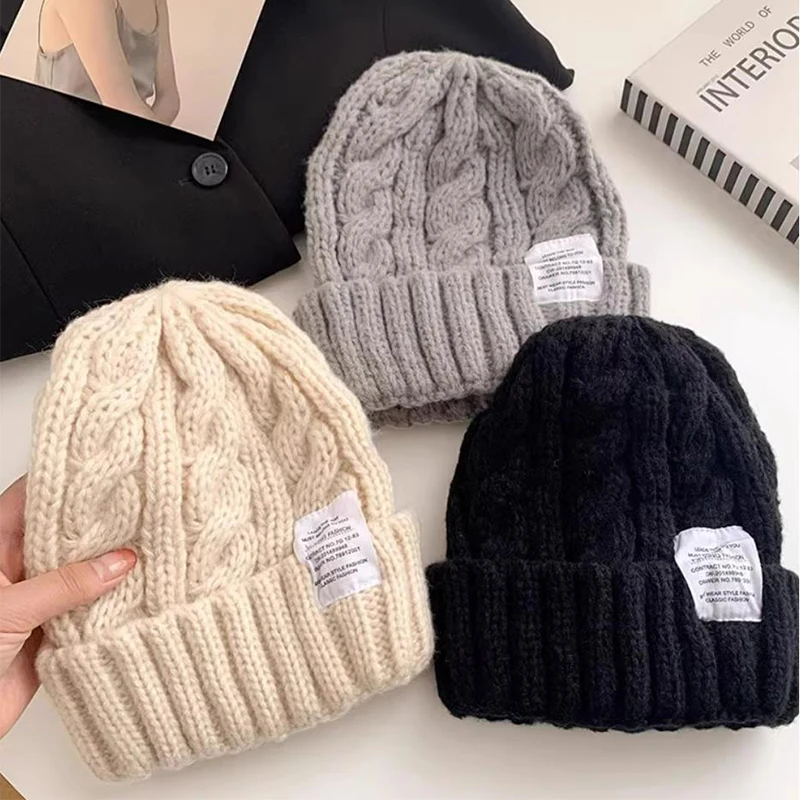 Solid Color Knitted Beanies Caps for Women Warm Cashmere Wool Skullies Beanies Female Thick Knitted Hats Autumn Winter Warm Cap