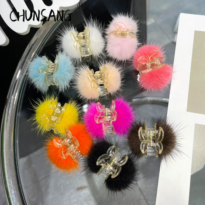 1Real Mink Fur Kids Hair Clips for Girls Claws Headwear Hairpins Crab for Women Girls Hair Accessories Headbands Hairbows