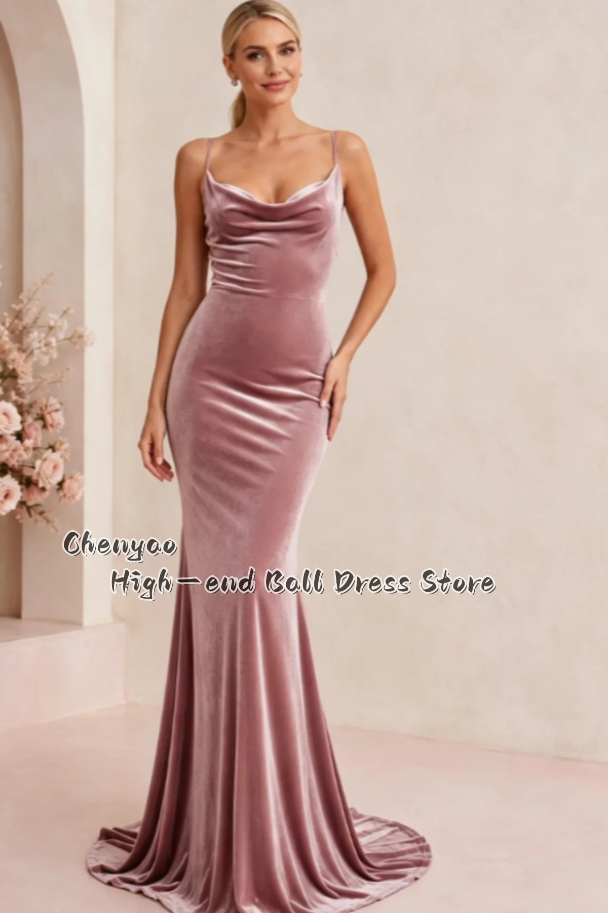 Elegant Velvet Mermaid PromDress Customized Spaghetti Strap Cowl Neck Floor‑Trailing Evening Gown Wedding Guest Bridesmaid Dress