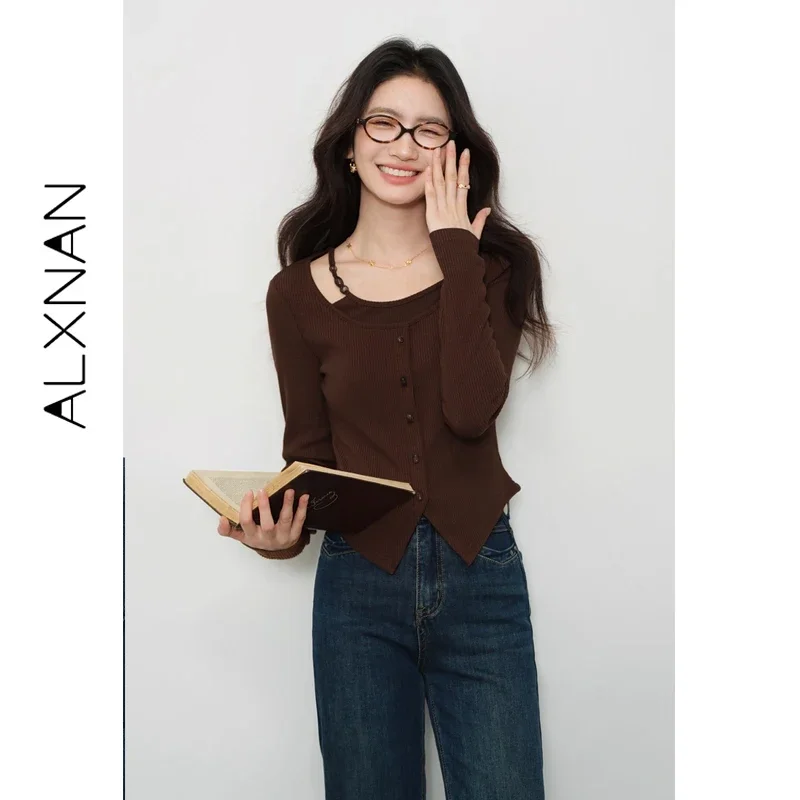 ALXNAN Brown Pullover Women Fake Two-piece Hollow Knitted Long Sleeve T-shirt 2026 Autumn Slim-fit Knitted Tops Female L569116