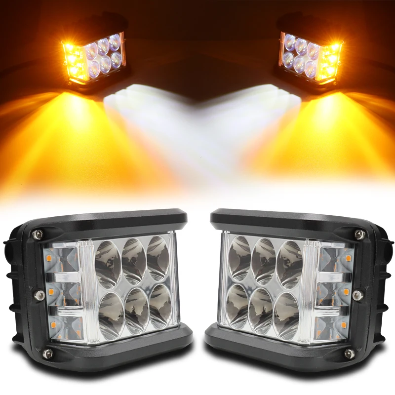 

4Inch Side Shooter LED Pods Light 40W Dual Color Strobe Work Lights for Trucks Off Road UTV Tractor Amber Spotlight