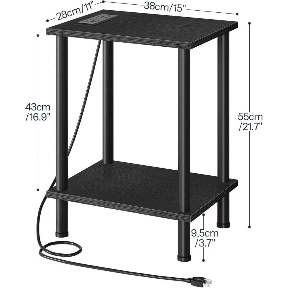Black Dual-Purpose End Tables with USB Charging & Outlets, Storage Nightstand for Compact Spaces