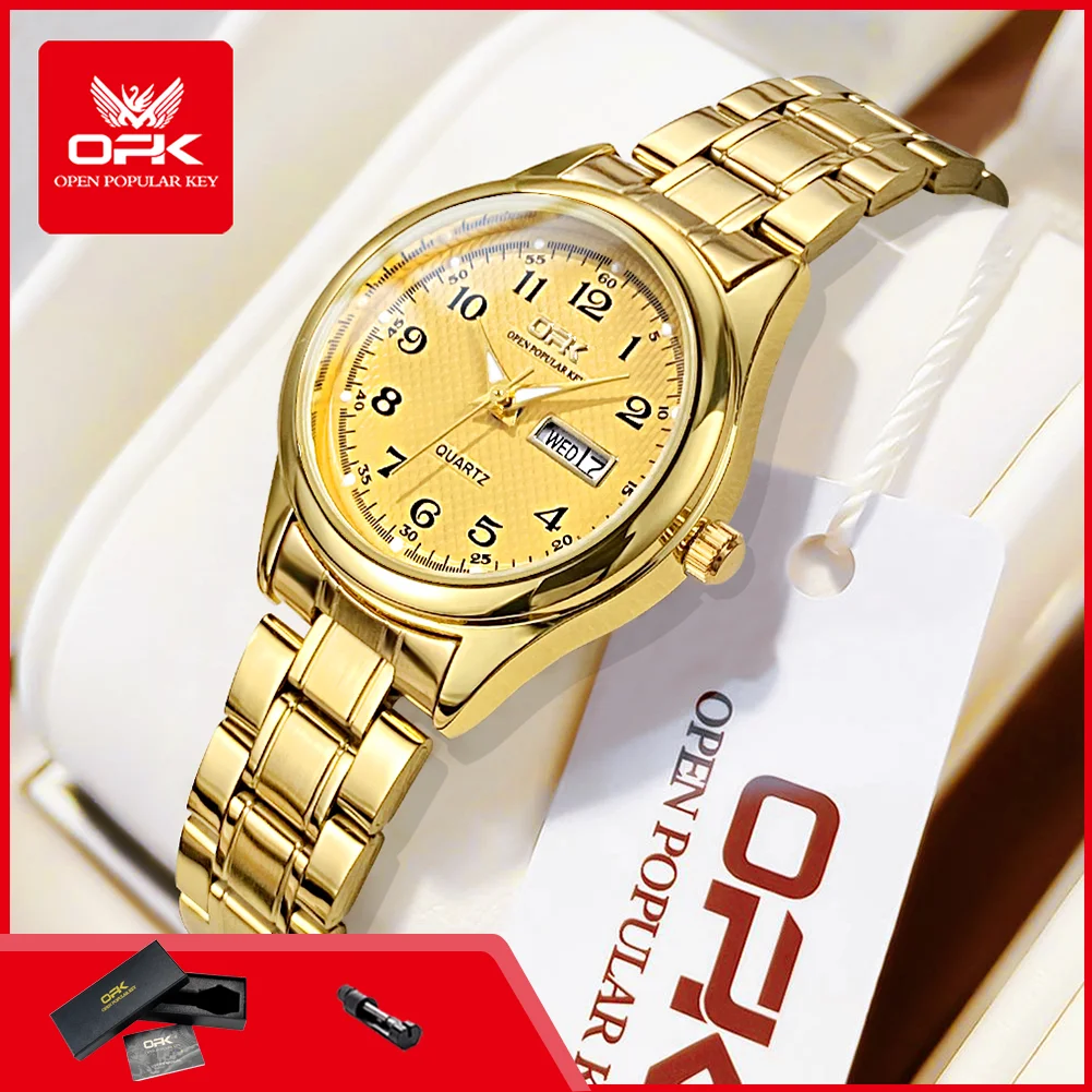 OPK 8110 Klassische Luxus-Damenarmbanduhr mit Tages- und Datumsanzeige, wasserdicht, leuchtendes Stahlarmband, elegante Damen-Quarzuhr