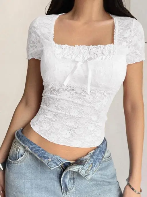 

Y2K Sexy Lace Short Sleeved Women's Vest T-Shirt Summer Square Neck Contrasting Lace Patchwork Sexy Short Sleeved T-Shirt