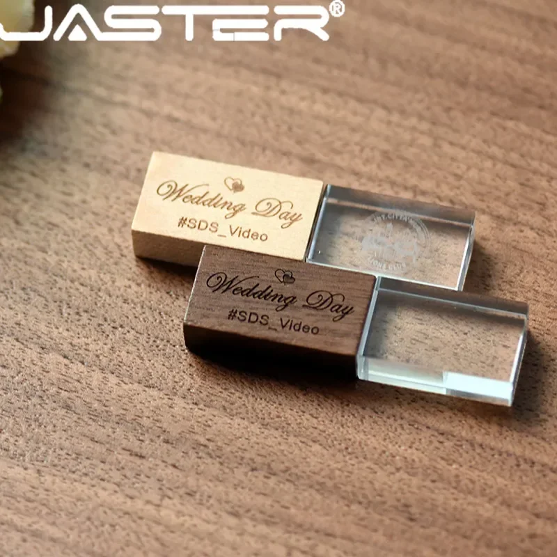 JASTER Wood Crystal USB Flash Drive Creative Gifts Pen Drive  Free Custom Logo Memory Stick Wedding Gift Pendrive 32GB 64GB 16GB