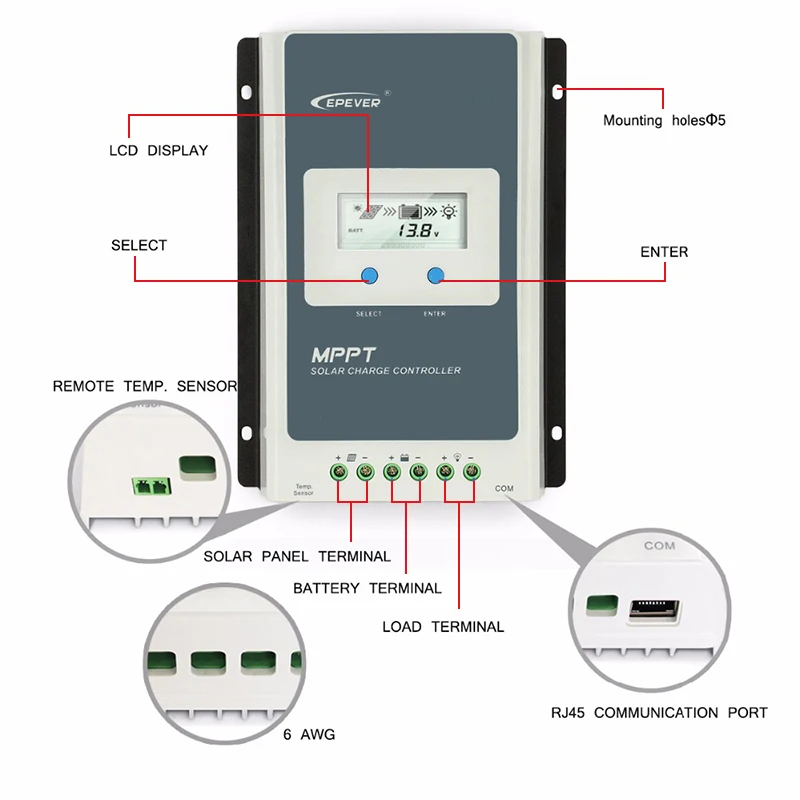 Imagem -03 - Epever Mppt Carregador Solar Controlador 40a 30a 20a 10a 12v24v Auto Painel Solar Regulador para Baterias de Lítio Chumbo Ácido Controlador Carga Solar Mppt Controlador de Carga Controlador de Carga Solar Mppt